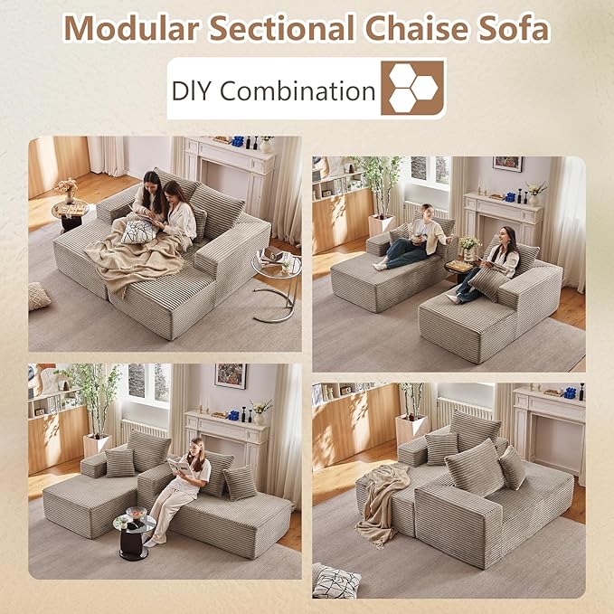 75” Oversized Sectional Double Lounge Chaise Fluffy Modern Sleeper Loveseat Sofa Chair Modern Corduroy Sleeper Loveseat Chair for Living Room Bedroom Reading No Assembly Camel