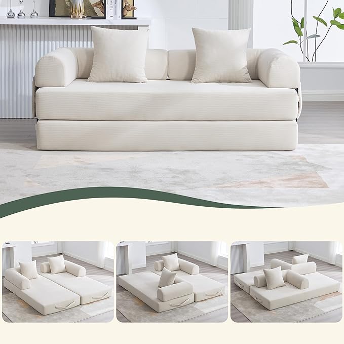 Convertible Sleeper Sofa Bed with Fixed-Shape Frame Modern Corduroy Folding Boneless Couch with 2 Pillows Comfy Floor Sofa Couch for Living Room No Assembly Required (Beige White)