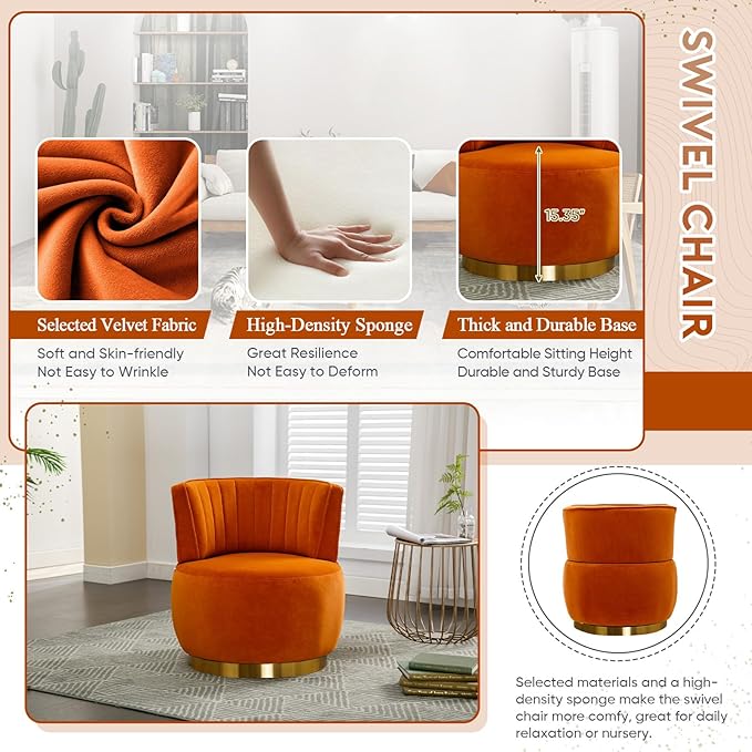 Velvet Swivel Barrel Chair Modern Upholstered Accent Chair 360° Swivel Round Lounge Chair with Gold Metal Base Comfy Arm Chair Sherpa Chair for Nursery Living Room Bedroom Club Office Orange