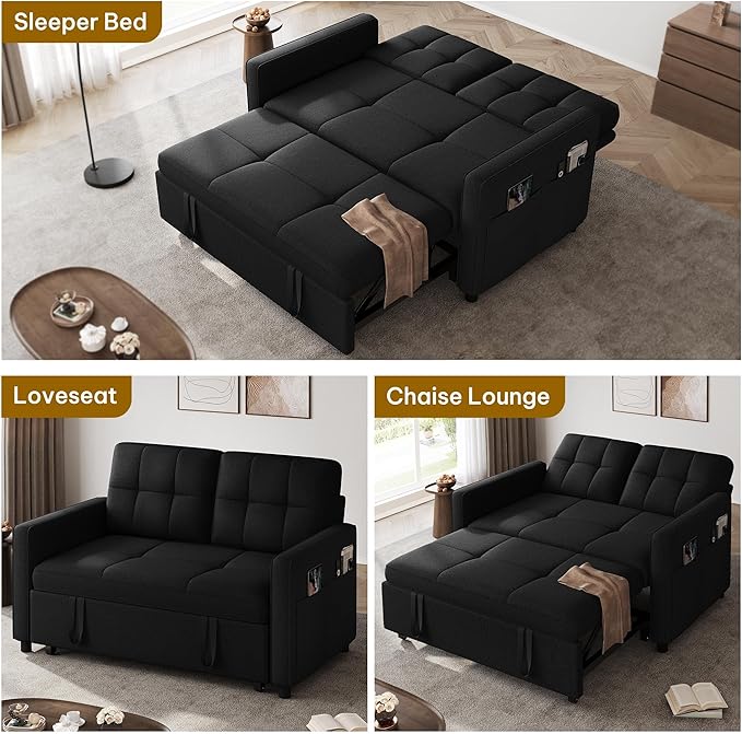 DWVO 55 Convertible Sofa Bed 3-in-1 Sleeper Sofa with Pull-Out Bed Linen Futon Couch with Adjustable Backrest and Side Pocket Modern Loveseat for Living Room Apartment Balck