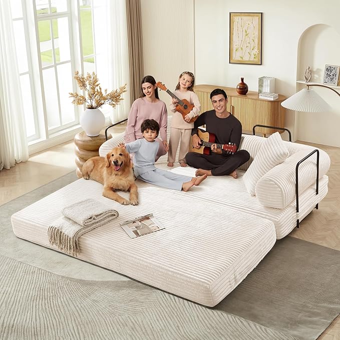 Folding Sofa Bed Convertible Corduroy Comfy Loveseat Sleeper Bed Modular Foam Compression Sofa Couch Floor Lazy Chaise Lounge for Guest Room Living Room Studio (Beige)