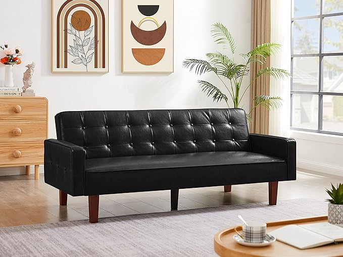 74.4 Faux Leather Couch Bed Sofa Bed Small Space Sleeper Couch with Adjustable Backrest Mid Century Modern Couches for Small Living Room Office Bedroom Apartment (Black)