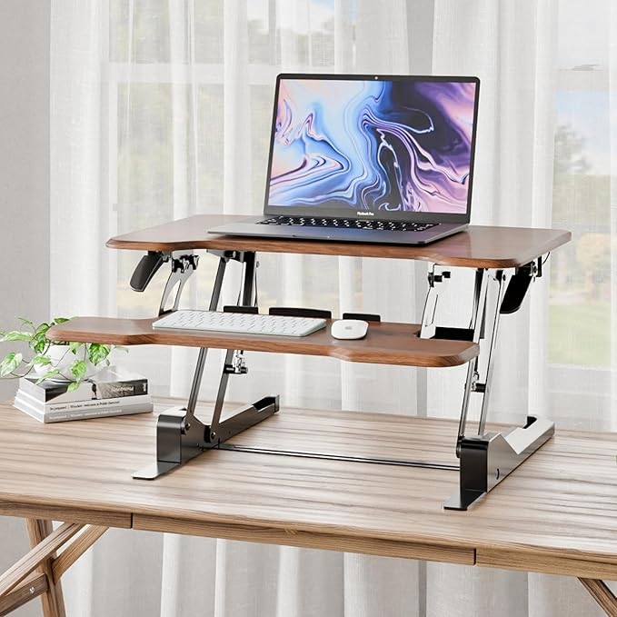 Mount-It! Height Adjustable Standing Desk Converter Compact 30” Wide Tabletop Standing Desk Riser with Gas Spring Desktop Stand Up Workstation with Keyboard Tray Fits Monitor or Laptop Dark Walnut