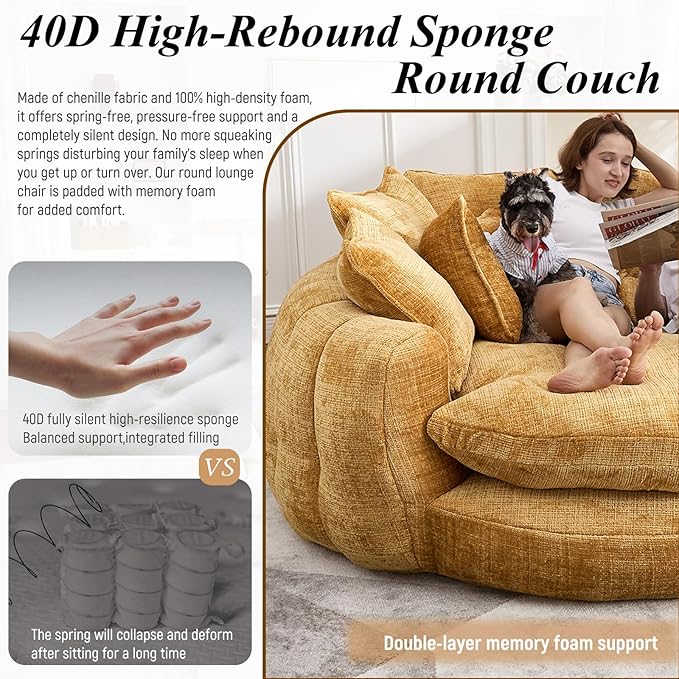 81'' Cloud Couches for Living Room Comfy Circle Round Couch Bed with 14 Pillows Upholstered Boneless Couch Oversized Chaise Lounge Chair Indoor Extra Wide Round Daybed Floor Sofa (Yellow)
