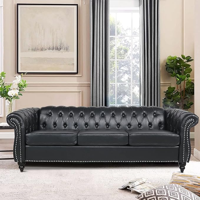 LEVNARY Chesterfield Sofa Classic Tufted Upholstered Leather Couch Modern 3 Seater Couch Furniture with Tufted Back for Living Room Office (Black)