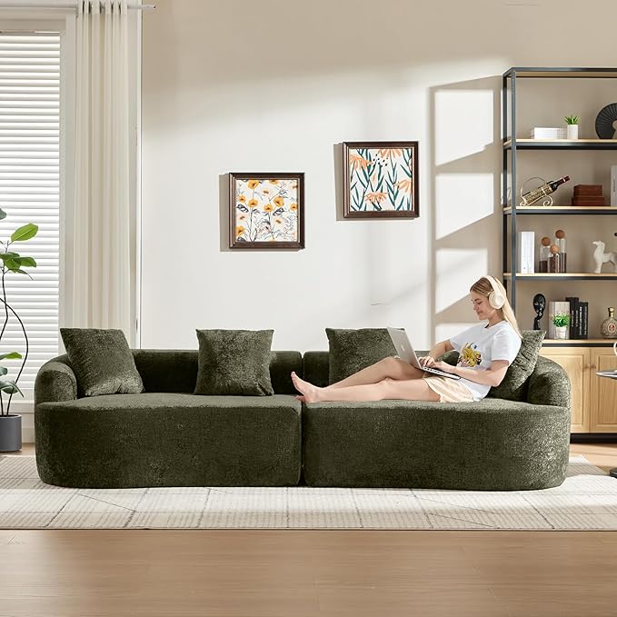 Curved Sectional Couch 110 Chenille Cloud Sofa with 4 Pillows 4-Seater Sleeper Sofa for Living Room Apartment Full Compression Sponge (Olive Green 110 Inch)