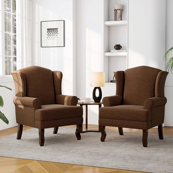 Accent Chair High Back Upholstered Armchair with High Resilience Sponge &amp Wood Legs Mid-Century Modern Comfy Single Sofa Reading Chairs for Living Room Bedroom (Brown Set of 1)