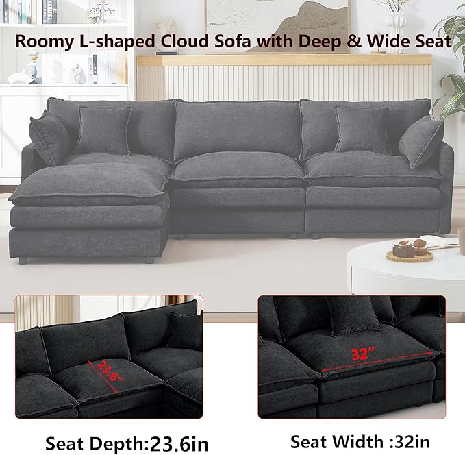 102 L-Shaped Sofa for Living RoomModular Sectional Cloud Sofa Couch with OttomanModern Chenille 3 Seater Sofas with Deep SeatSmall L Shaped Couches for Bedroom