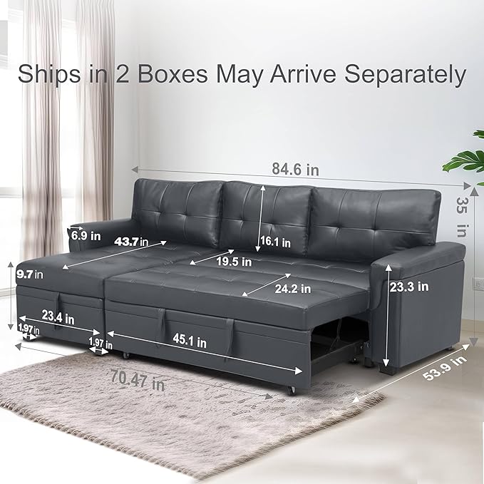 Naomi Home L Shaped Sectional Couch with Storage &amp Pull Out Bed – 3-in-1 Convertible Sleeper Sofa Bed Small L Shape Sofa for Living Room Sofa Bed with Storage Chaise in Dark Gray Air Leather