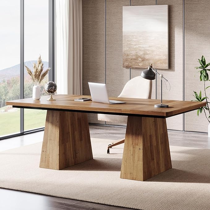 Tribesigns 63-Inch Executive Desk Large Office Computer Desk with Double Pedestal Modern Simple Workstations Writing Table Conference Table Business Furniture for Home Office Light Brown