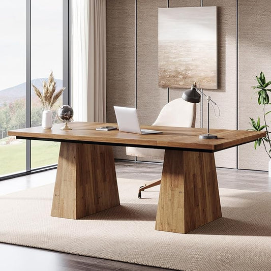 Tribesigns 63-Inch Executive Desk Large Office Computer Desk with Double Pedestal Modern Simple Workstations Writing Table Conference Table Business Furniture for Home Office Light Brown
