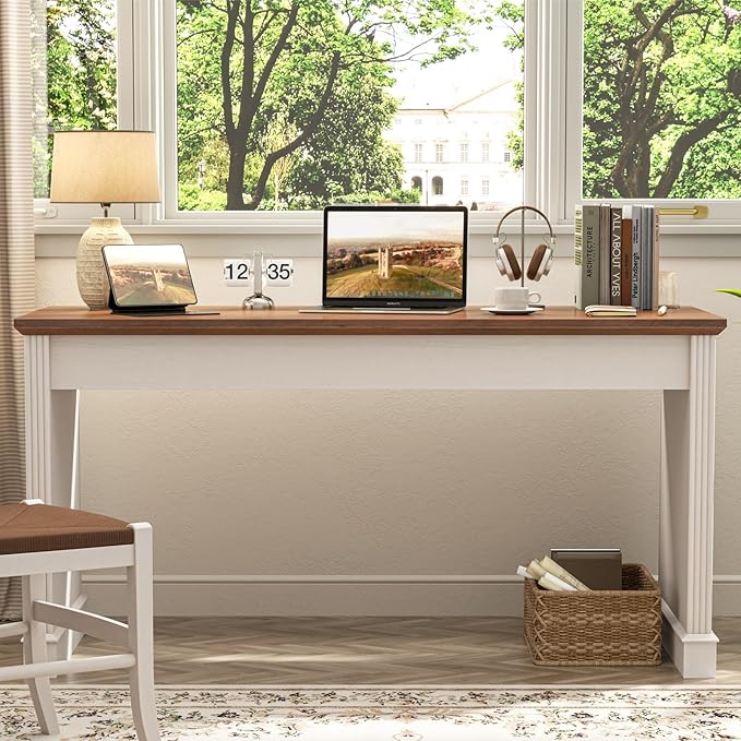 Vabches Farmhouse 59 Executive Simple Sturdy Computer DeskSpacious Workstation for Home Office Remote Work &amp StudyUnique White
