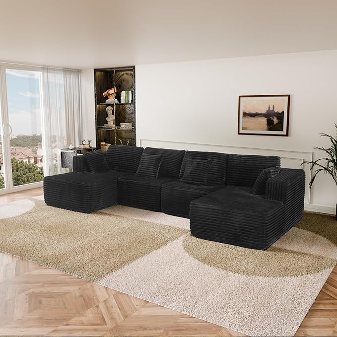 132 U Shaped Couch Modular Sectional Sofa with Chaise Flannel U Shaped Boneless Couch with Deep Seat Upholstered Modular Cloud Sofa for Living Room No Assembly Required Black Flannel