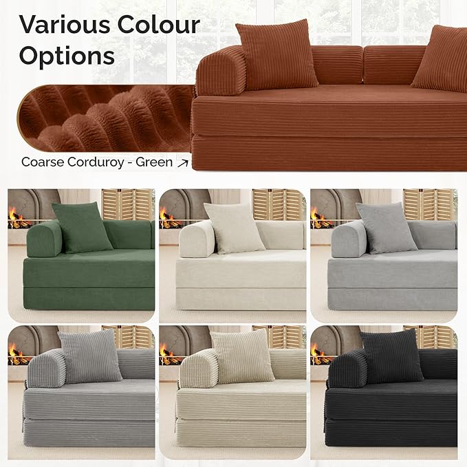Convertible Corduroy Sleeper Sofa Bed with Cylindrical Pillow Folding Mattress Couch with Fixed-Shape Frame Floor Sofa Lounge Couch for Living Room Bedroom Lounge Studio Red Brown