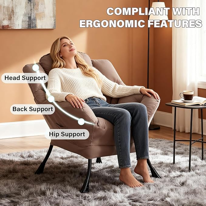 Lazy Chair Modern Soft Reading Chair Accent Contemporary Sofa Chair with Armrests and a Side Pocket for Living Room Bedroom Dorm &amp Office Khaki