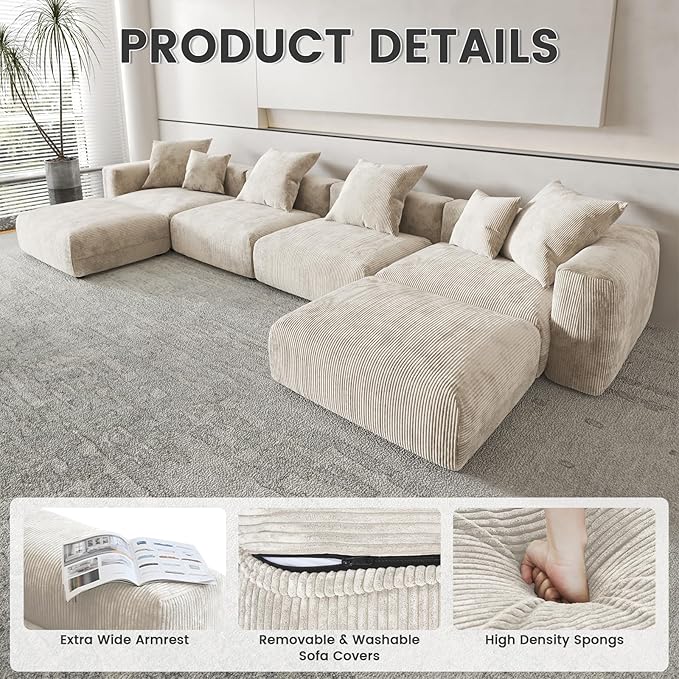 Modular Sectional Sofa 102.36inch Loveseat Sofa Corduroy Fabric Upholstered Couch with 4 Pillows Beige Sofa Couches for Living Room Office Apartment