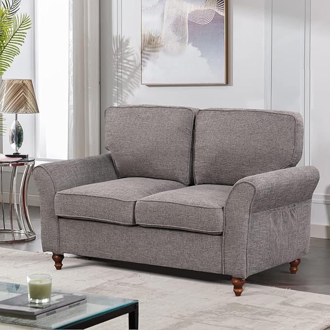 EBELLO Modern Linen Fabric Loveseat Sofa Upholstered 2-seat Sofa Couch Wood Frame and Sturdy Legs for Living Room Bedroom Office Grey