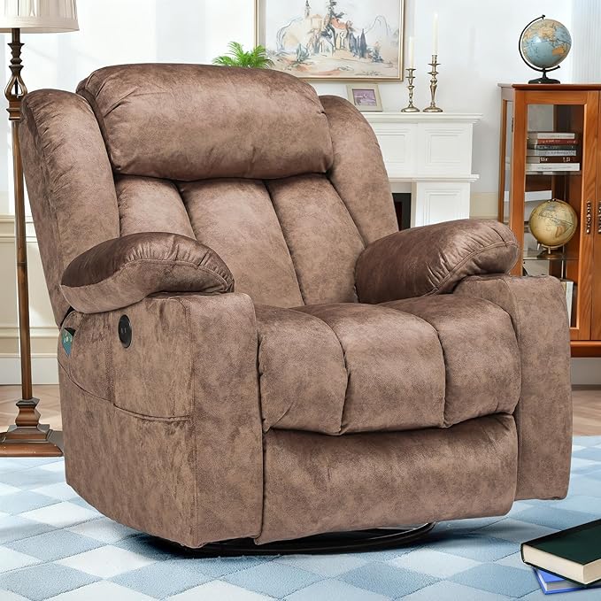 Swivel Rocker Recliner Chair with Heat and Massage Manual Glider Rocking Reclining Chair 360° Swivel Overstuffed Lounge Chair with 2 Cup Holders Side Pockets &amp USB Ports Fabric Brown