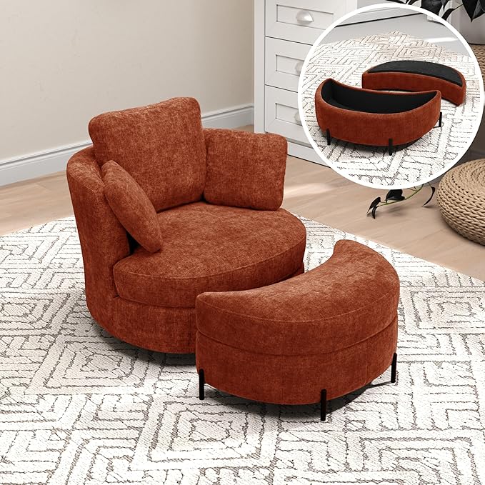 Mlmh &amp Kngwa Oversized Swivel Chair with Ottoman 40.4 inch Round Swivel Accent Chair and A Half Moon Ottoman with 3 Pillows Chenille Cozy Reading Chairs for Bedroom Living Room Terracotta