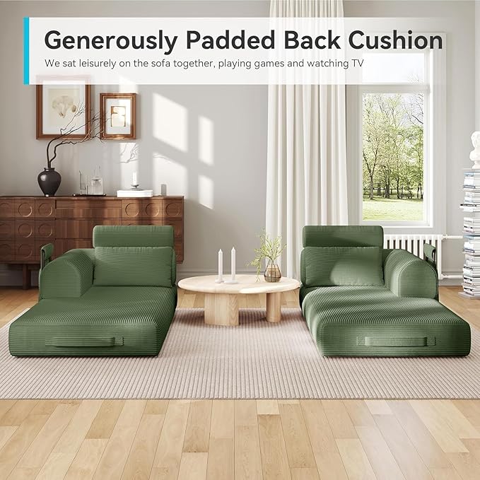 Upgraded 79 High Backrest Sofa Bed with Fixed Frame Corduroy Fabric Convertible Couch for Small Spaces Removable Armrests &amp Backrest No Assembly Required (High Backrest Olive Green) | Converti