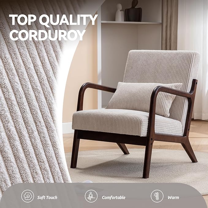 Mid Century Modern Accent Chairs Set of 2 Living Room Chairs Boho Armchair Set of 2 with Lumbar Pillow Solid Wood Frame &amp Corduroy Fabrics for Living Room Bedroom