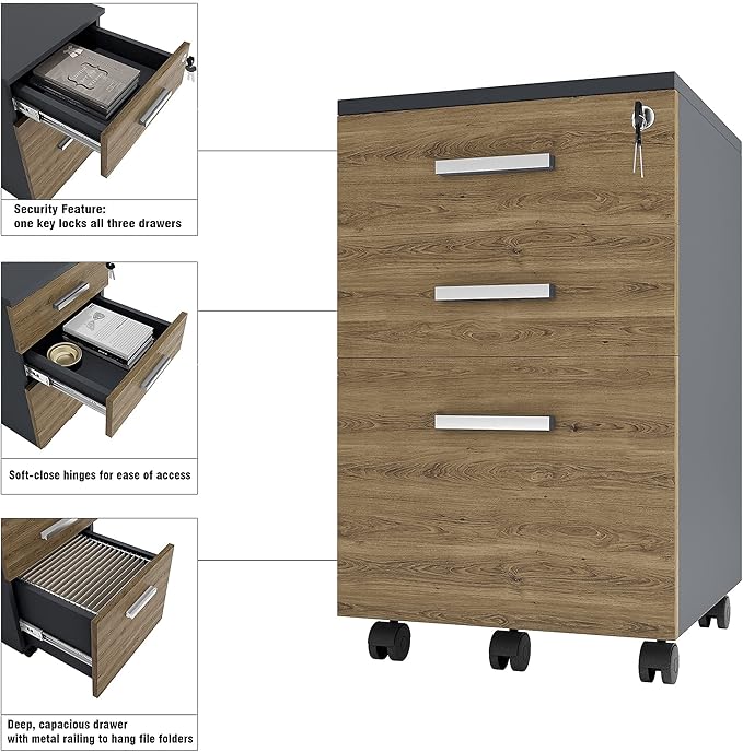 Modern Design Lazio File Cabinet Filing Cabinets for Home Office Drawers for Under Desk Locking 3 Drawer Rolling Wood Filing Cabinet with Lock Walnut and Black by Crafts and Comfort