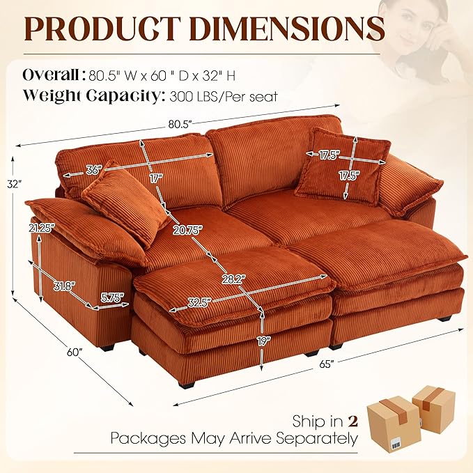 80.5'' Modular Sectional Sofa Cloud Couch for Living Room Modern Corduroy Double Layer Upholstered Loveseat Sofa Comfy Sleeper Sofa with Ottoman 2 Pillows and Detachable Armrest Orange