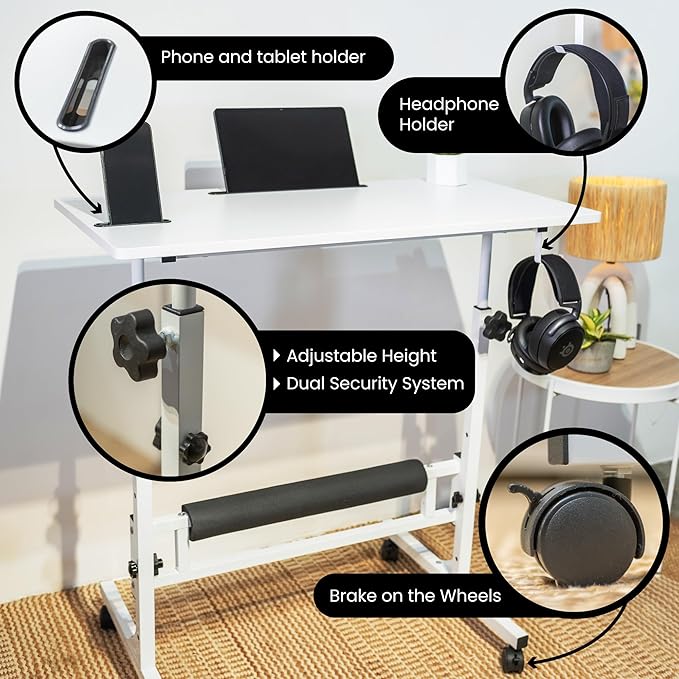 Model 2026 Adjustable Height Rolling Desk With Wheels Portable Compact Laptop Table Mobile Workstation For Study Office Small Space Standing Desk Ergonomic Writing Surface Modern Home Furniture White