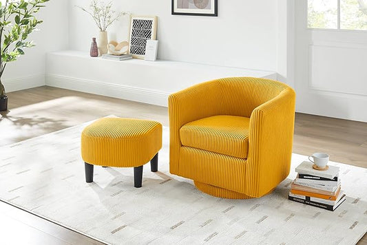 360° Swivel Accent Chair with Ottoman - Comfy Corduroy Recliner Armchair Single Sofa for Living Room &amp Bedroom (Yellow)