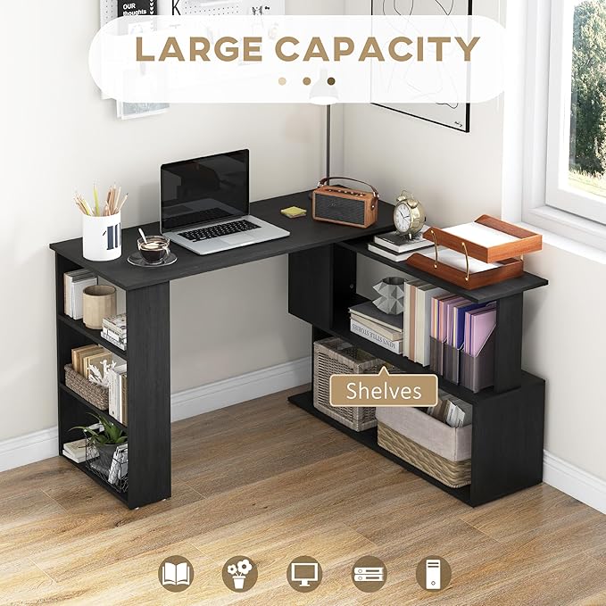 L Shaped Corner Desk 360 Degree Rotating Home Office Desk with Storage Shelves Writing Table Workstation Black