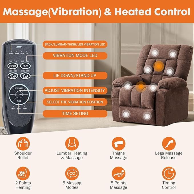 Power Lift Recliner Chair for Adult with Heated and Full Body Massage Glider Nursery Chair with Cup Holder and USB Charge Port Oversided Swivel Rocker Recliner for Living/Study/Bedroom Room Brown