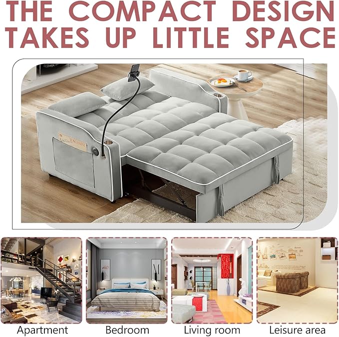 3 in 1 Convertible Sofa Bed Velvet Pull Out Couch Bed w/ Adjustable Back Love Seat Sleeper Beds w/ USB Ports &amp Cup Holders Phone Stand Full Size Futon Couch for Living Room Small Spaces (Gray)