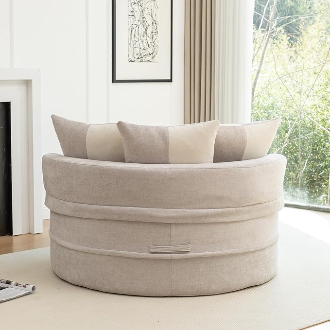 KEIKI Oversized Round Accent Barrel Chair with Ottoman &amp 5 Pillows - 64 Velvet Upholstered Reading Armchair Lazy Lounge Accent Chair for Living Room/Bedroom/Reading Room No-Sag Comfort Gray