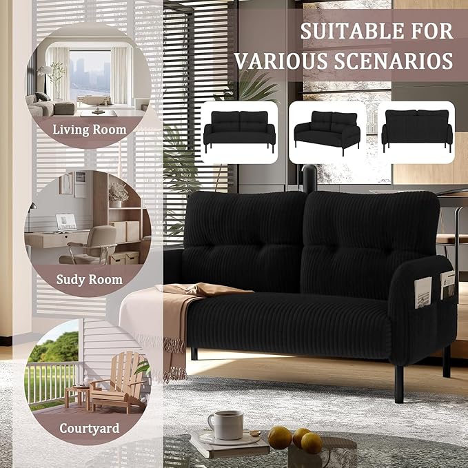 Corduroy Loveseat for Living Room &amp Bedroom - Modern 2-Seater Sofa with Storage PocketsSolid Wood Frame High-Density FoamComfortable Compact Couch for Small Spaces500 lb Capacity (Black)