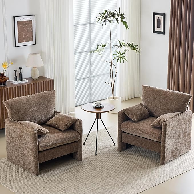 Chenille Oversized Armchair 34 Wide Accent Chair for Living Room Bedroom Modern Upholstered Lounge Chair Mid-Century Reading Chair Comfy Single Sofa Chair Brown