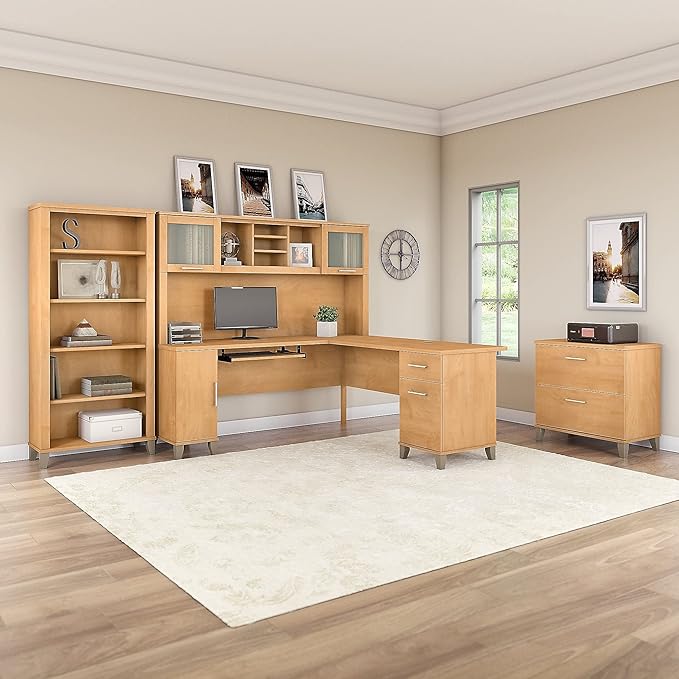 Bush Home Somerset 72W L Shaped Desk with Storage in Maple Cross 72-inch Large Corner Computer Table for Home Office Workspace