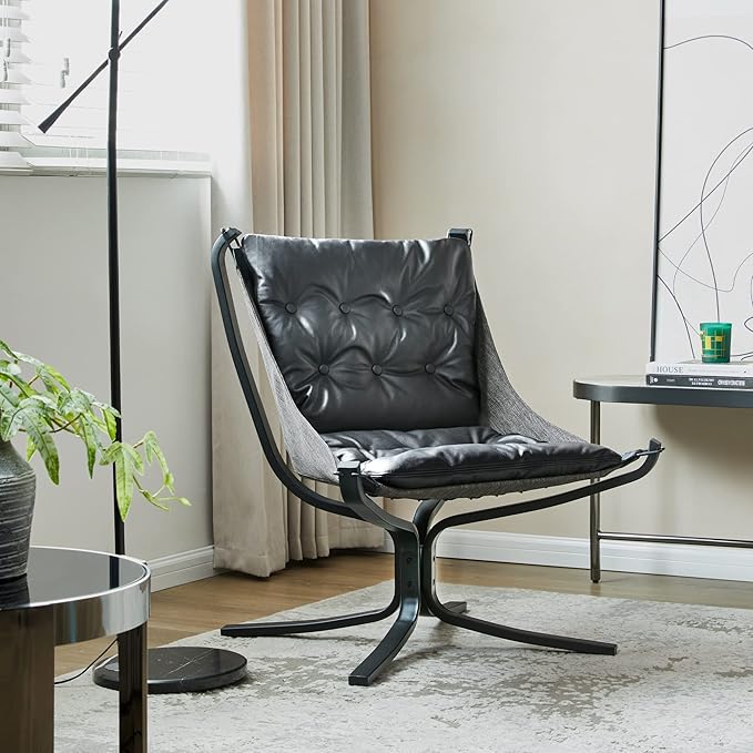 Living Room Chair Genuine Leather Butterfly Chair Handmade Iron Frame Reading Chair Modern Accent Chair for Study Room Reading Bedroom Living Room Office Black