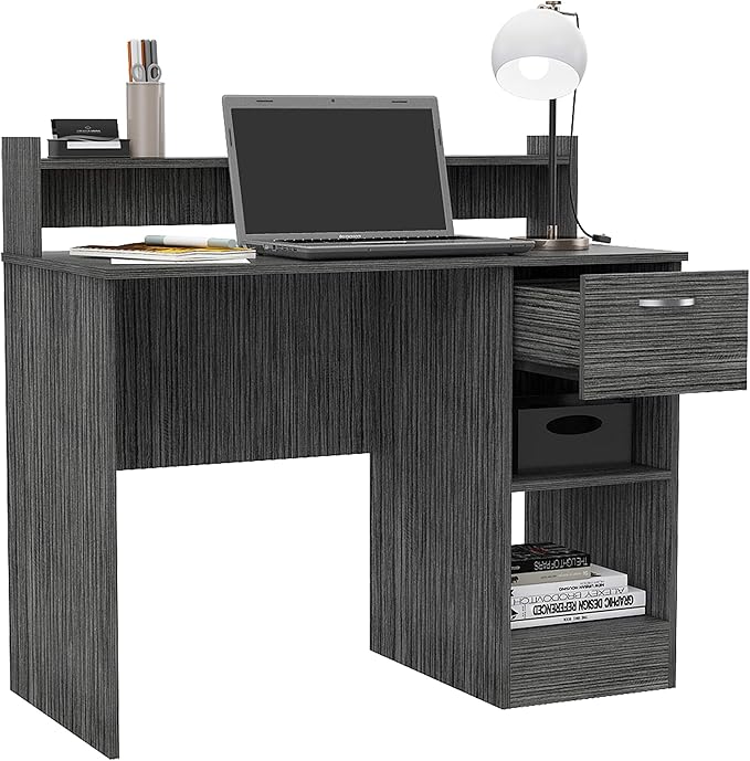 402 Writing Computer Gaming Desk with Hutch and Storage Multiple Shelves One Drawer Compact Design Open Shelf Space for Home Office