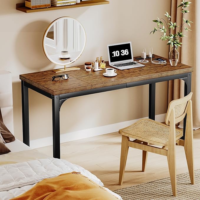 Computer Desk with Power Outlets 55 Inch Large Home Office Desk with Deeper &amp Thicker Desktop Modern Gaming Desk Study Writing Work Desk Metal Frame Rustic Brown