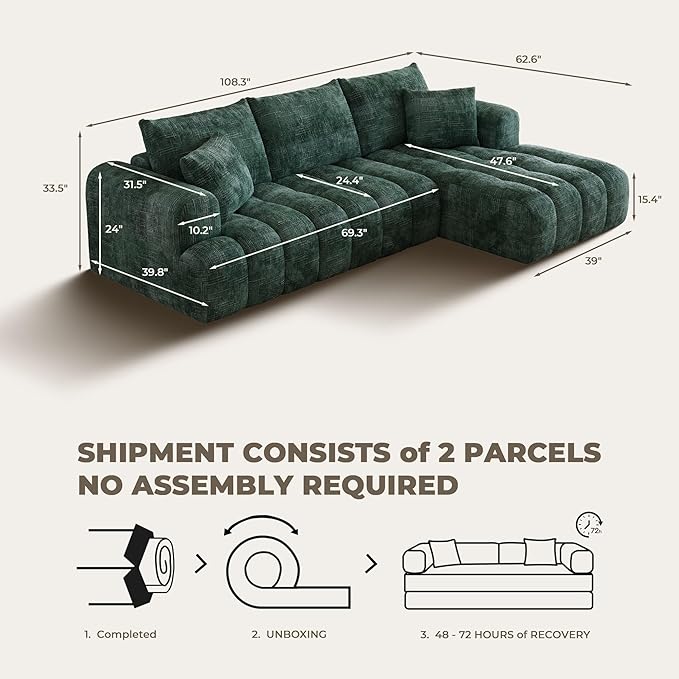 108 Cloud Sectional Couches for Living Room Boneless L-Shaped Sofa with Pillow 3 Seater Modular Sectional Sofa (Dark Green)
