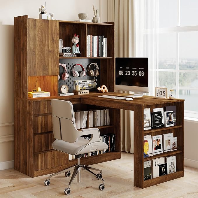 L Shaped Desk with Hutch and 4 Drawers Computer Desk with USB Ports Power Outlets &amp LED Light Wood Corner Computer Desks with Storage Shelves for Home Office Brown Right Long