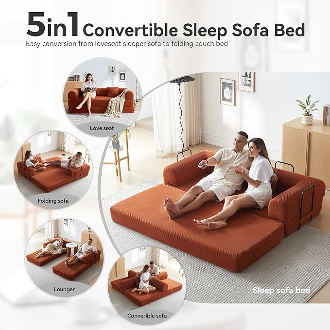 Convertible Sleeper Sofa with 2 Pillow Modern Corduroy Futon Bed Modular Sofa with Pull-Out Bed Love Seat Sleeper for Living Room Small Space Apartment Office