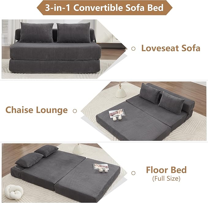 KIVENJAJA Folding Sofa Bed Full Size 3-in-1 Convertible Sleeper Sofa Corduroy Foldable Boneless Floor Futon Couch with Backrest &amp Pillows for Home Living Room Office Apartment Small Spaces Grey