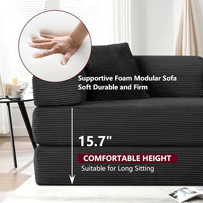 JJJ 63 inch Sofa Bed 4-in-1 Boneless Convertible Corduroy Sleeper Folding Couch with Fixed-Shape Frame and 2 Futons No Assemble Required 3 Seater Upholstered for Living Room (Black 63 inch)