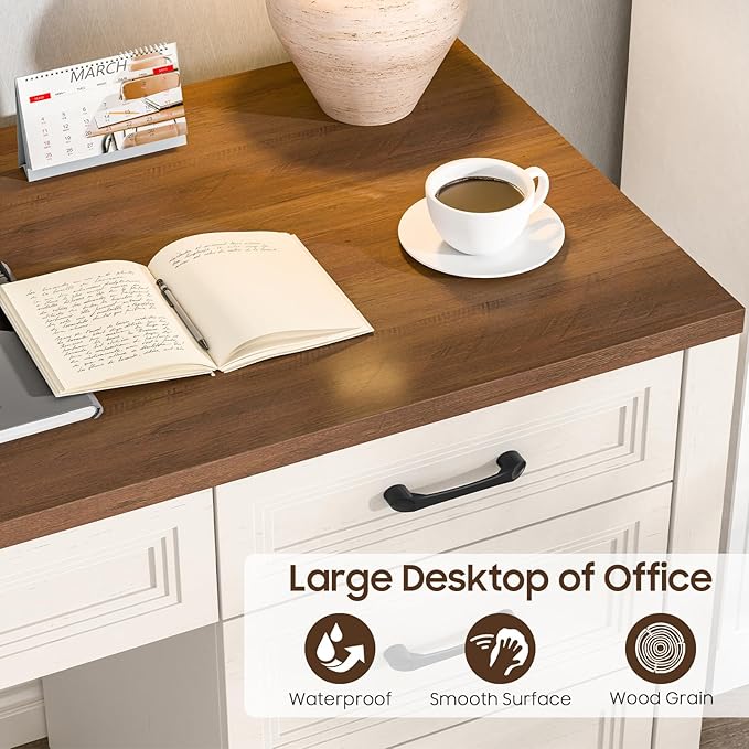 Vabches Farmhouse Executive Desk with Storage and Ample File Drawer Rustic Large Home Writing Desk for Bedroom White