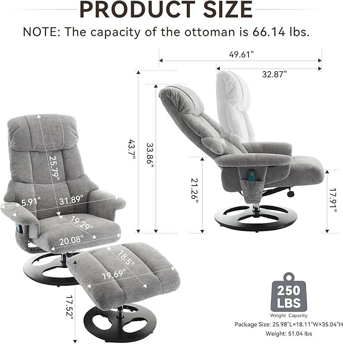 Ergonomic Recliner Chair with Ottoman for Adults 360° Swivel Massage Lounge Chair with 5-Point Vibration &amp Heated Seat140° Adjustable Chenille Recliner for Living Room Office (Grey+Chenille)