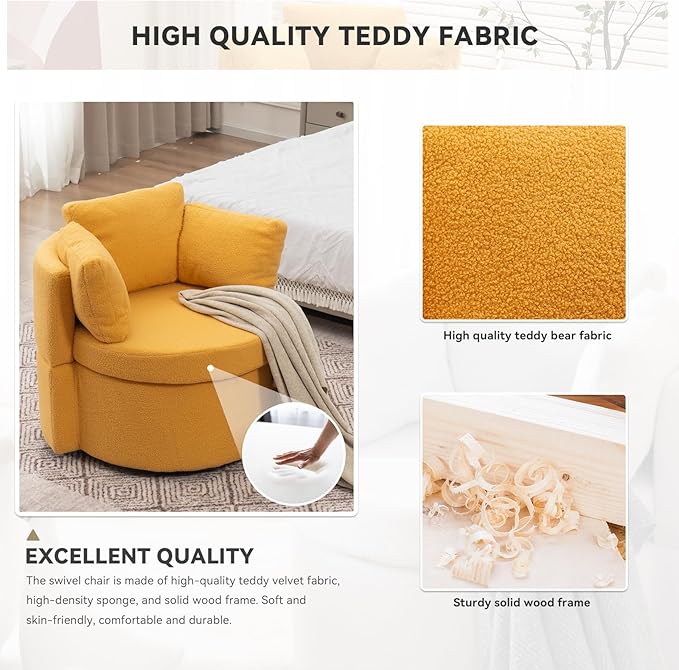 FOXHUNTER Swivel Barrel Chair 360 Degree Swivel Round Storage Chair with 3 Pillows Oversize Teddy Swivel Accent Chair Comfy Single Sofa Chair for Nursery Living Room Bedroom (Yellow)