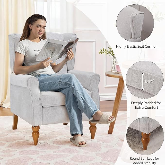 Rovibek High Wingback Chairs with Table - Midcentury Modern Accent Chair for Living Room Upholstered Armchair with Solid Legs Light Grey Living Room Chairs for Living Room Bedroom Balcony