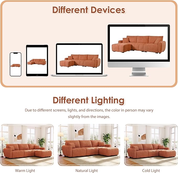 110 Modular Sectional Sofa L Shape with Extra-Large Seat Pull-line Design Movable Ottoman High Density Foam Free Combination Sturdy Metal&ampWood Frame Boucle Fabric Orange