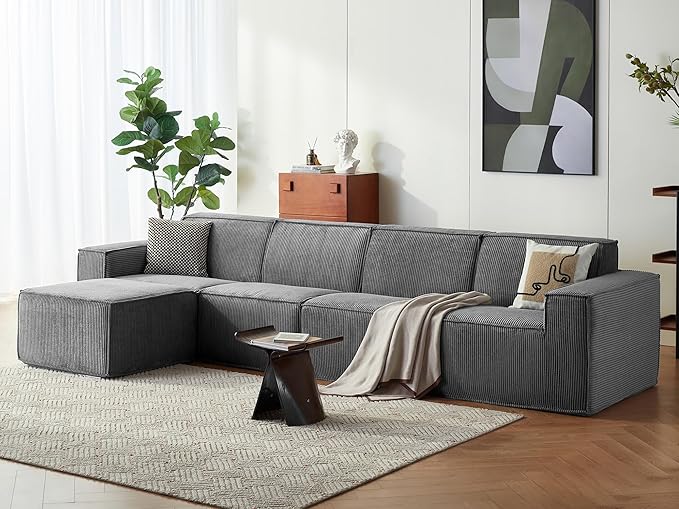 LINSY HOME Modular Sectional Sofa 134 Boneless Couch L Shaped 4-Seat Sofa with Movable Ottoman Corduroy Sectional Cloud Couches for Living Room No Assembly Required Bluish Grey